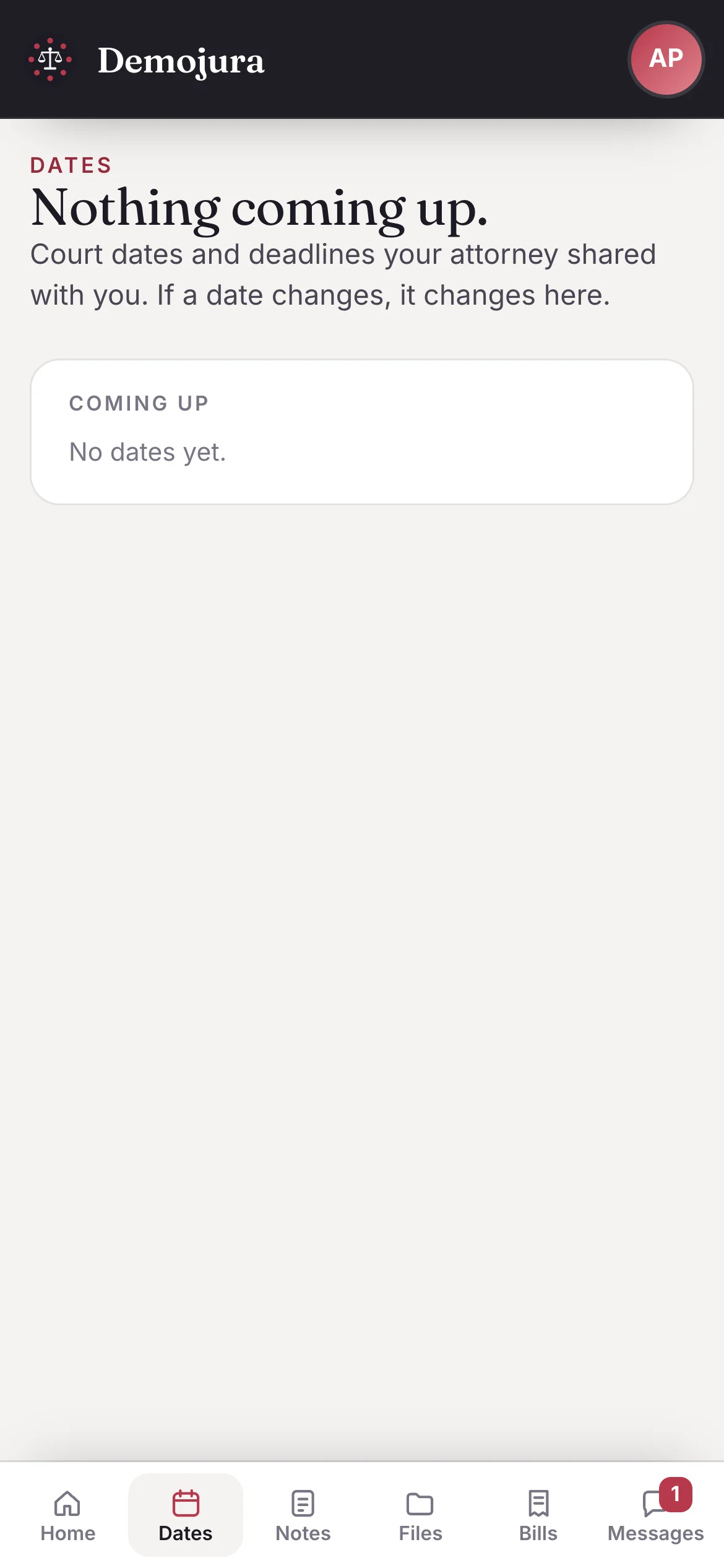 Dates in My File on an iPhone: no dates yet; dates appear as the attorney shares them.