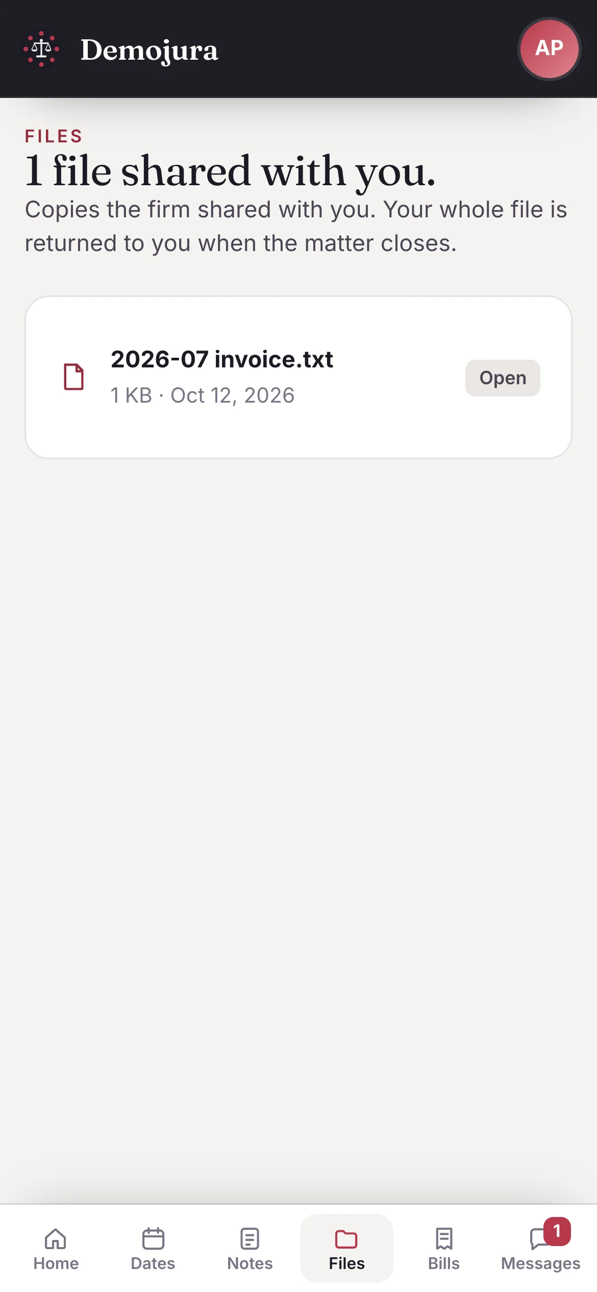 Files in My File on an iPhone: the one file the firm shared, with a note that the whole file is returned when the matter closes.