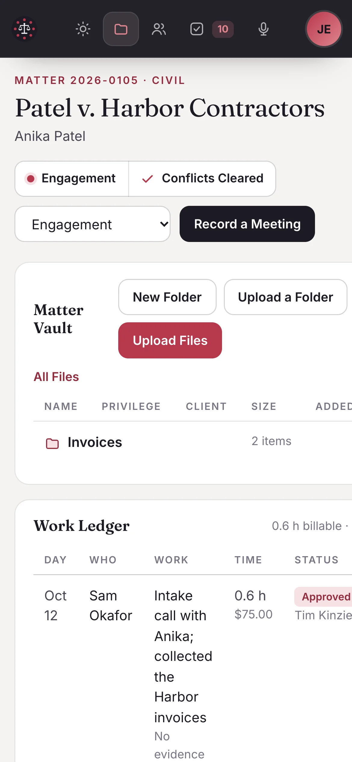 A matter on an iPhone: conflicts cleared, the Matter Vault and the Work Ledger with an approved line.