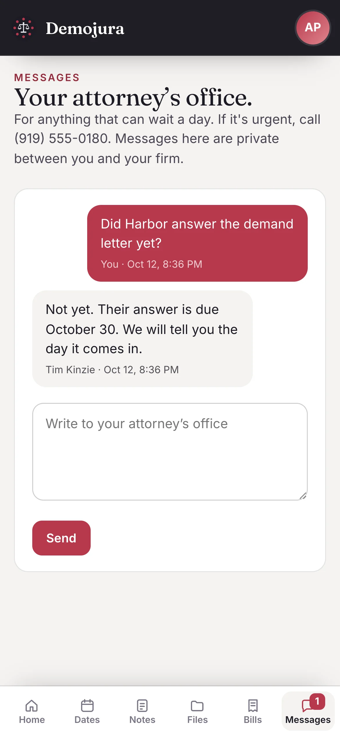 Messages in My File on an iPhone: the client asks whether the other side answered the demand letter, and the firm replies with the date their answer is due.