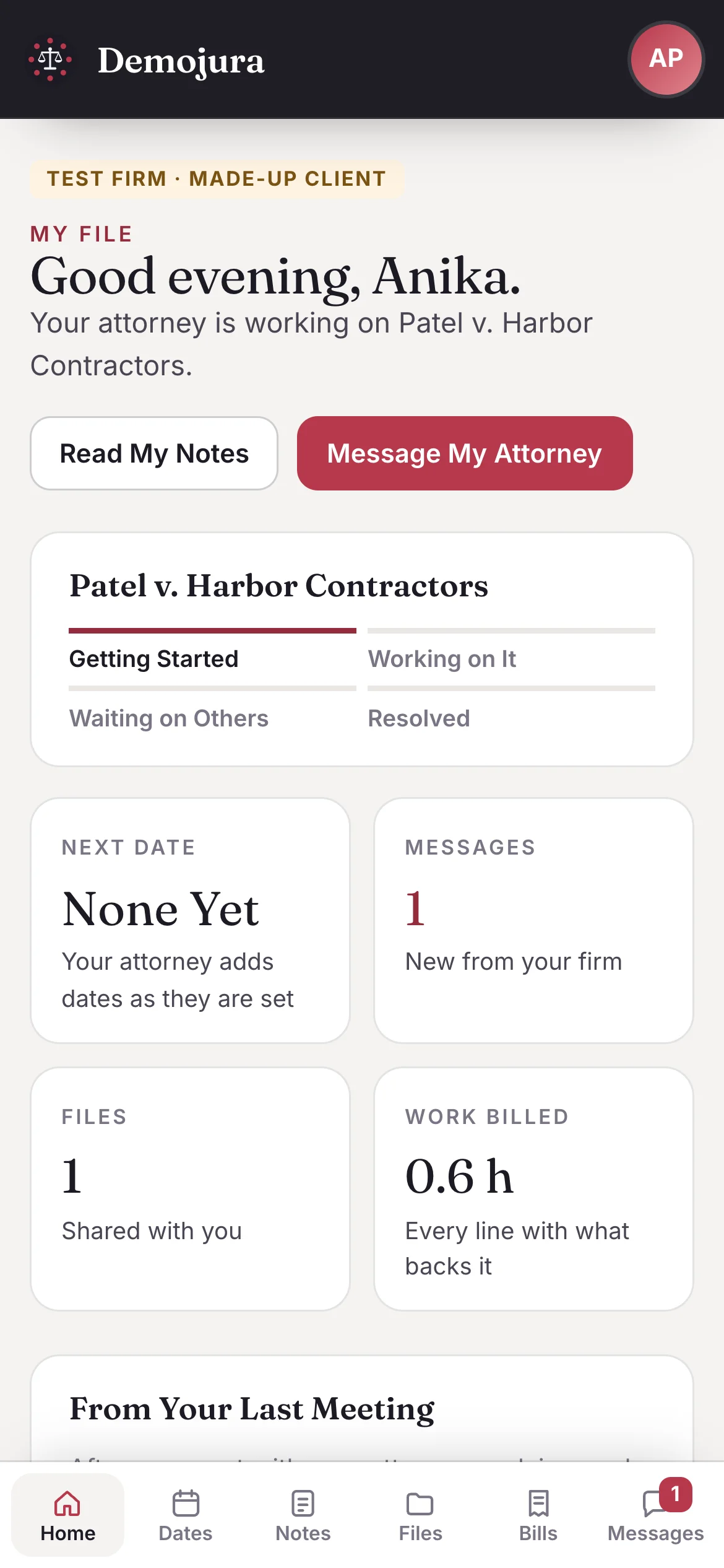 My File home on an iPhone: the client's matter at Getting Started, the next date, a new message from the firm, one shared file and the work billed.