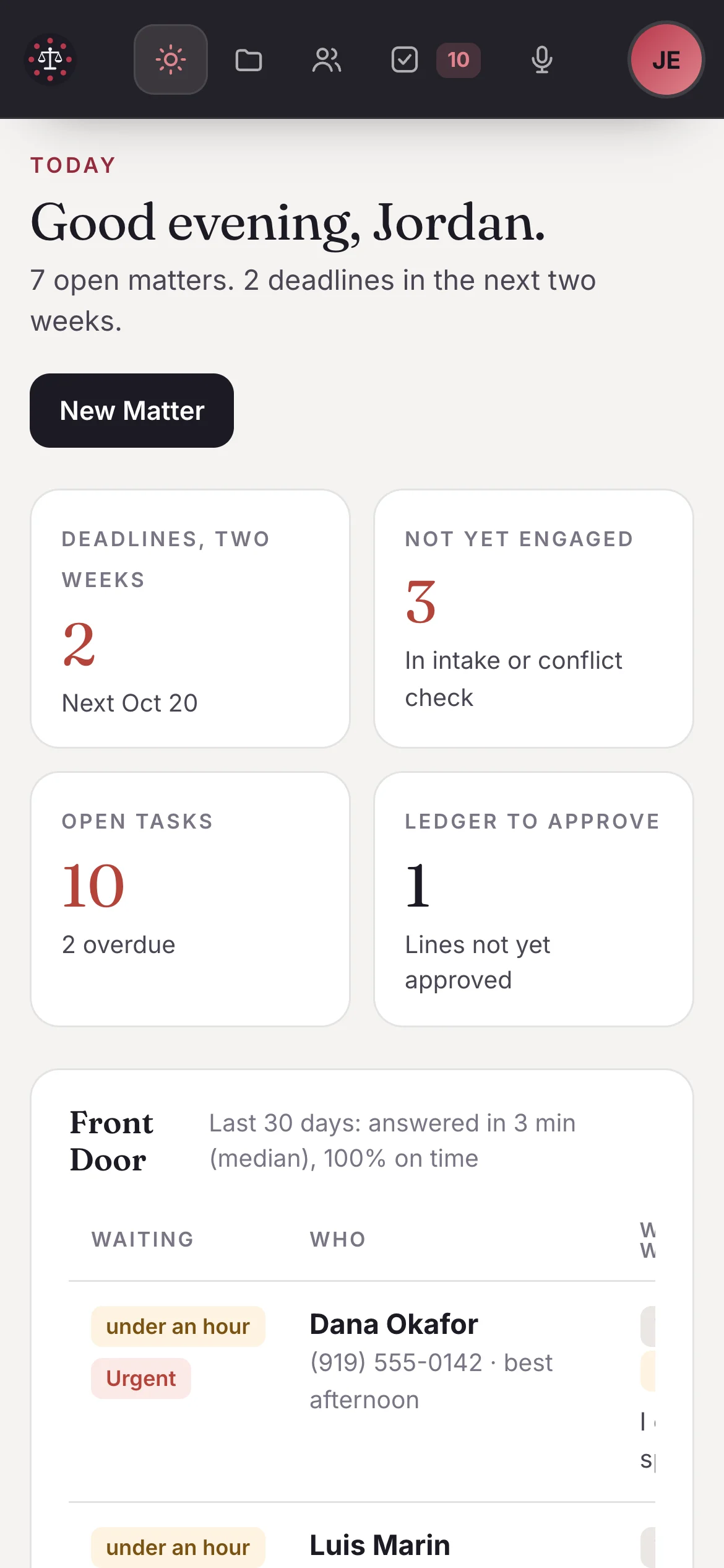 The Today screen on an iPhone: deadlines in the next two weeks, matters not yet engaged, open tasks, ledger lines to approve, and calls waiting at the front door.