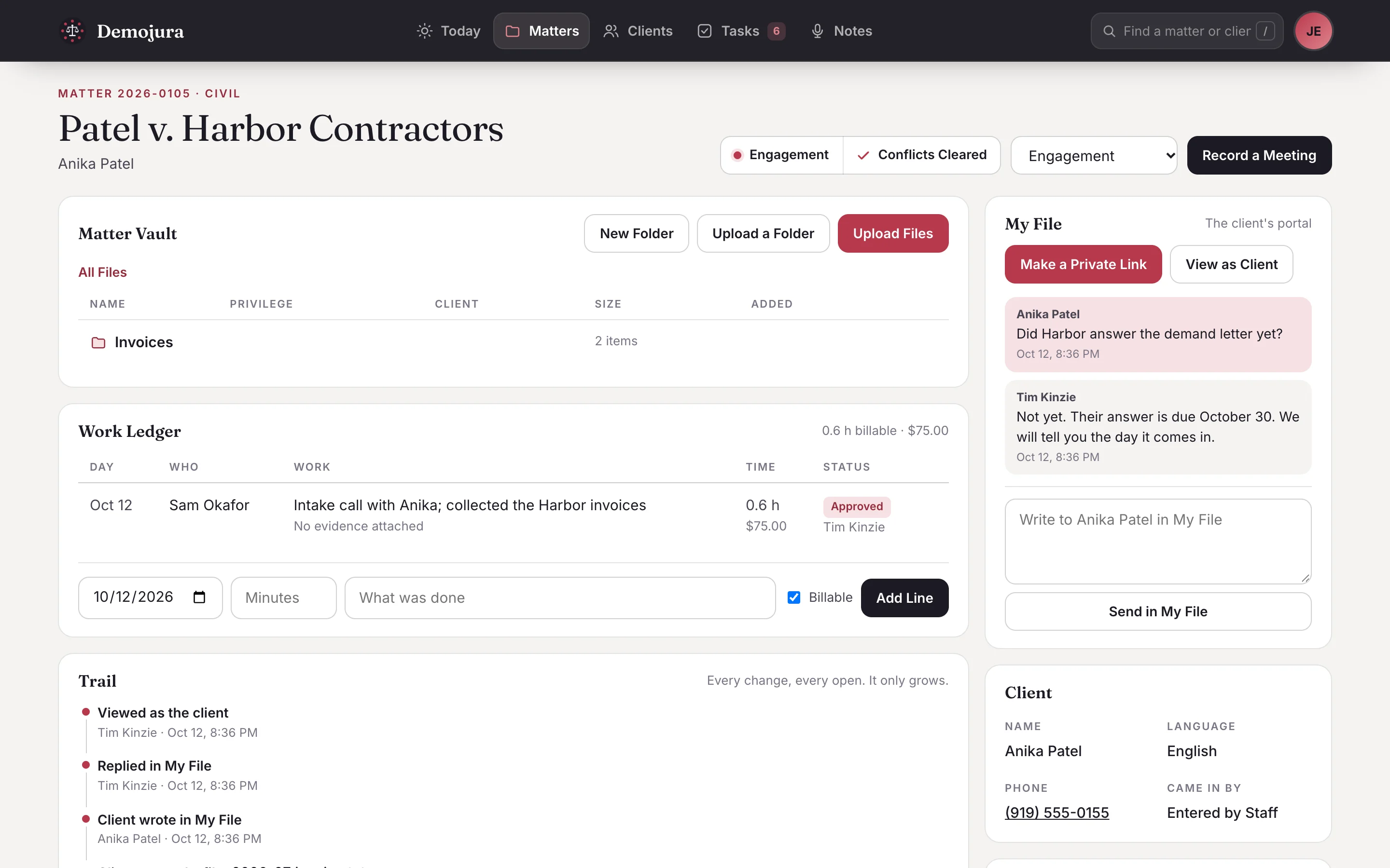 One matter in the Demojura app: conflicts cleared, the Matter Vault, the Work Ledger with an approved line, the trail of every change and open, My File messages with the client, and the client details.