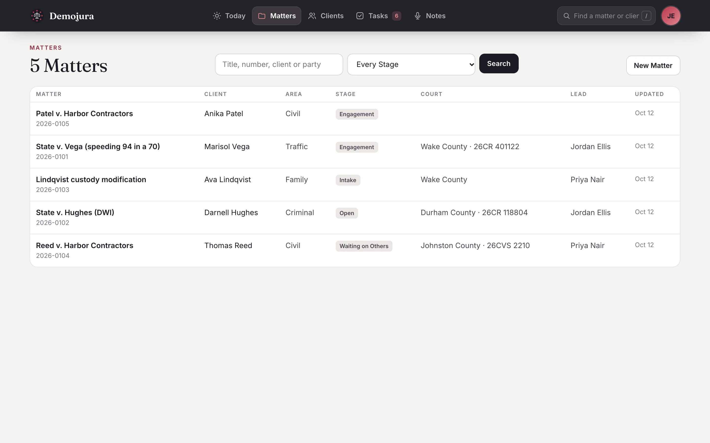 The matters list in the Demojura app: five matters with client, area, stage, court and lead attorney, searchable by title, number, client or party.